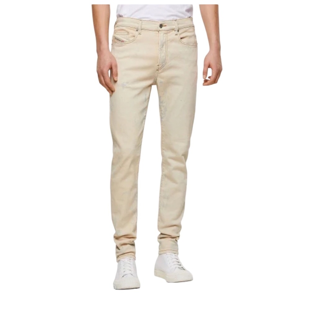Diesel D-Strukt Slim Jeans Mens 32 Beige tie dye blue  Distressed Zip Stretch